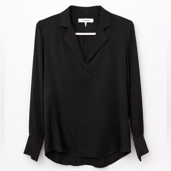Frame Denim Tops - FRAME Black Silk Blouse Collared V Neck Popover Top Long Sleeve Small